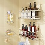 Shower Caddy, 5-Pack Shower Shelf, Adhesive Shower Organizer No Drilling with Soap Holder, 7 Hooks, Rustproof Stainless Steel Shower Rack Wall Mounted Bathroom Shower Storage Shelves (Silver-5 Pack)