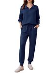 PINSPARK 2 Piece Sets for Women 2024 Long Sleeve Lounge Sets Tracksuit Half Zip Sweatsuits Jogger Sets Fall Travel Outfits,Navy Blue X-Large