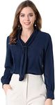 Allegra K Women's Long Sleeve Blouses Chiffon Pleated Tie Neck Office Top Shirt Medium Navy Blue