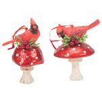 Kurt Adler Holiday Cardinal on Forest Mushroom Ornament, Set of 2