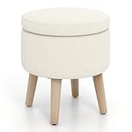 GORELAX Round Storage Ottoman, 19" Tall Footstool with Tray, Footrest Stool Seat w/Removable Lid, Solid Wood Legs & Adjustable Pad, Cozy Vanity Stool for Living Room Bedroom Entryway (Beige)