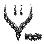 BriLove Bridal Jewellery Set for Wedding Women Crystal Teardrop Flower Cluster Statement Necklace Dangle Earrings Link Bracelet Jewelry Set for Party Prom Black Black-Tone