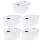 IRIS USA 64.4 L (68 US Qt) Large Storage Bin Utility Tote Organizing Container Box with Buckle Down Lid for Clothes Storage, 5 Pack, Pearl/Black