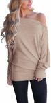 Off The Shoulder Sweater Sweatshirt for Women Plain Oversized Tops Knit Pullover Sweaters Batwing Cute Tunic Blouse Khaki S