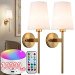 Battery Operated Wall Sconce with Remote,White Fabric Shade Wall Sconce Set Of 2 Battery Powered Sconces Wall Lighting Indoor Wireless Dimmable Wall Lamp with 3 Color Temp Bulb for Bedroom Living Room