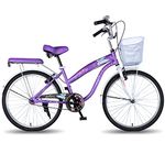 Vaux Angel 24T Women Bicycle for Age Group 10+ Years with Basket & Cushion Backseat, Light Weight Ladies Cycle with Alloy Rims & V-Brakes, Ideal for Height 4ft+ (Purple-White)