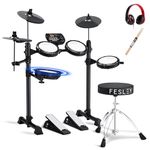 Fesley FED150W Electric Drum Set: Electronic Drum Set with 4 Quiet Mesh Drum Pads for Beginner, Dual Zone Snare Drum, Portable Drum Set with Bluetooth and MIDI function, Throne, Headphones, Sticks