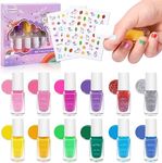 wakaniya Kids Nail Polish Kit for Girls- 12 Candy Colors Toddler Nail Polish Kit with Unicorn Stickers, Natural Safe NonToxic Peel Off Quick Dry Nail Polish Christmas Party Birthday Nail Art Kit for Girls 5+