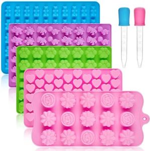 CLUEWR Silicone Gummy Candy Molds with 2 Droppers, Set of 5 Non-Stick Mini Gummy Bear, Dinosaur, Heart, Flower, Paw Molds for Fruit Snacks, Chocolates, Jellies, 210 Cavities