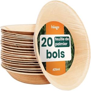 HAAGO 20 Bols en feuilles de palmier compostables et jetables, comme les Bols en bambou écologiques, résistantes au congélateur et au micro-ondes Assiette en feuilles de palmier de 450ml de Rond