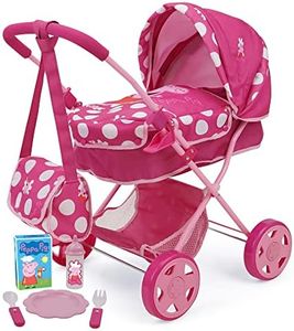 Peppa Pig: Baby Classic Doll Pram Set - Pink & White Dots - 7 Piece Set, Fits Dolls Up to 18", Retractable Canopy, Storage Basket, Diaper Bag & 5 Feeding Accessories, Pretend Play for Kids Ages 3+