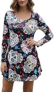 Aphratti Womens Long Sleeve Funny Halloween Print Tunic Dress Cute Swing Costume Skull Small