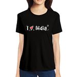 Pooplu Women's Regular Fit I Love India Cotton Graphic Printed Black & White T Shirt. Cricket, Sports, India, Symbol Tshirt, Pootlu Tees.(Oplu_Black_X-Large)