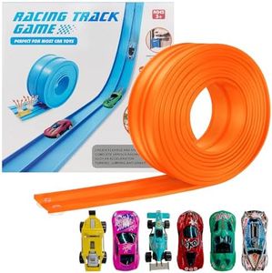 Dikopubby Flexible Race Track for Kids, 15FT Car Track with 4 Suction Cups and 6 Different 1/64th Cars - STEM Racing Toy for Boys & Girls Ages 3+ (Orange)