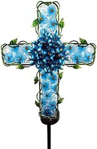 COOZZYHOUR Solar Cross Garden Lights Outdoor Decorative - Solar Metal&Glass Cross Blue Hydrangea Flower Stake Lights- Waterproof 20 Warm White LED for Remembrance Gifts