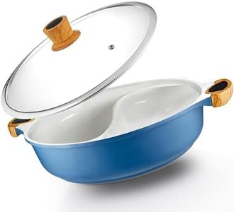 Nonstick Hot Pot with Divider, Blue Shabu Shabu Pot with Silicone Spoons, Divided Pot for Cooking in Two Broths at Once, Hot Pot Cooker for Electric Induction, Gas Stove, or Grill, Pan with Divider