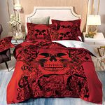 Halloween Red Skull Duvet Cover Gothic 3D Tattoo Printed Bedding Set 3Pcs Microfiber Quilt Cover with Zipper Closure Ties 2 Pillow Shame for Adults and Teens Double Size