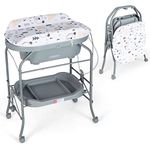 COSTWAY 4 in 1 Baby Changing Table, Folding Infant Nursery Station with Bath Tub, 4 Universal Wheels, PVC Pad and Storage Tray, Portable Newborn Massage Tables Diaper Organizer (Grey)