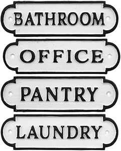 AuldHome Farmhouse Decor Metal Signs, Set of 4 Decorative Cast Iron Door Room Plaques with "Pantry", "Office", "Bathroom" and "Laundry"