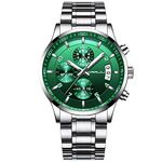 CRRJU Men's Fashion Stainless Steel Watches Date Waterproof Chronograph Wristwatches,Stainsteel Steel Band Waterproof Watch, silver green, Chronograph,Chronographs