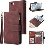 for iPhone 6 Wallet Case,for iPhone 6s Case,Boyobacase PU Leather Wallet Flip Cover Stand Feature[ 6 Card Slots and 1 Zipper Coin Pocket] with Wrist Strap-Dark Brown