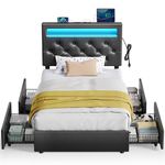 Rolanstar Twin Size Bed Frame with Charging Station and LED Lights, Upholstered PU Leather Bed with Adjustable Headboard and 4 Storage Drawers, No Box Spring Needed, Easy Assembly, Black