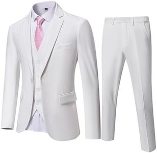 YND Men's Slim Fit 3 Piece Suit, One Button Jacket Vest Pants Set with Tie, Solid Party Wedding Dress Blazer, Tux Waistcoat and Trousers White