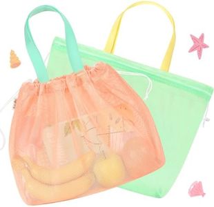 Tagitary Beach Toys Kids Beach Bag Tote with Drawstring, Orange Green Mesh Bag Travel Beach Essentials for Kids Swim Pool Gym Bag Camping Accessories Toys Storage Lightweight Foldable Birthday Gifts