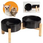 Elevated Ceramic Dog Bowl Set - Raised Dog Bowls with Non-Slip Bamboo Stand - Dog Food and Water Bowl Set - Double Dog Feeding Bowls - Pet Dishes for Cats and Small Dogs - 16.23 OZ - 2 Cups - 480 ML