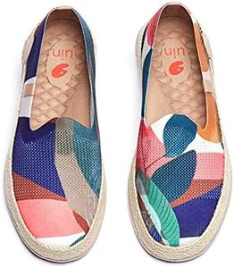 UIN Women's Espadrilles Slip Ons Knitted Lightweight Walking Casual Loafers Comfortable Art Painted Travel Shoes Marbella Broad Leaf (7)
