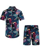 EISHOPEER Men's Hawaiian Luau Beach Outfits Short Sleeve Shirt and Shorts Set Large