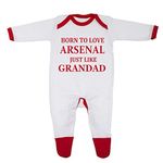 'Born to Love Arsenal Just Like Grandad' Baby Boy Girl Sleepsuit 100% Fine Combed Cotton (3-6 Months, White/Red Trim)