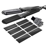 Hair Crimper, CkeyiN Professional Crimping Iron and Straighter with Heat Resistant Glove Adjustable Temperature Dual Voltage 4 Interchangeable Ceramic Plates (Black)