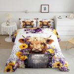 Castle Fairy Highland Cattle Comforter Set Yellow Sunflower Rustic Bedding Set Cute Farm Animal Bedding Home Decor Highland Cow Comforter King Size 3 Pieces Quilted Duvet Set with 2 Pillowcase