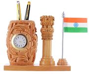 MV Son's Wooden Pen Stand For Office - Ashok Stambh Table Decorative Item Home Decor Items Living Room Clock National Flag Pencil Holder Desk Organizer Natural Finish, Stationary, (Brown)