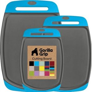 GORILLA GRIP BPA-Free Reversible Kitchen Cutting Board Set of 3, US Designed, Nonporous, Juice Grooves Catch Liquid, Slip Resistant Border, Dishwasher Safe, Durable Food Chopping Boards, Aqua Gray