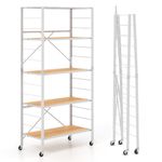 COSTWAY 3/4/5 Tiers Foldable Shelving Unit, Standing Storage Cart Shelves with Adjustable Shelf & Detachable Wheels, Metal Shelving Rack Organizer for Home Garage (MDF 5 Tier Shelf, Natural+White)