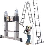 A-Frame Telescoping Ladder 3.8M Dual Purpose Stainless Steel Telescopic Ladder with Support Bar Adjustable Lightweight Compact Ladders for Household or RV Outdoor Work,330lb Load Capacity(1.9M+1.9M)