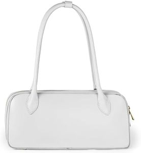 Italian Genuine Calf Leather Bag for Women with Top Handles and Zippered Top | Rectangular Shoulder Boston Purse (White)