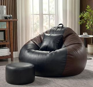 Sattva Classic 4XL Bean Bag Chair with Beans Filled, Footstool & Cushion | Faux Leather Sofa Style Bin Bags | Filled Large Beam Bag & Comfortable Beans Bag for Adults, Home & Office (Black & Brown)