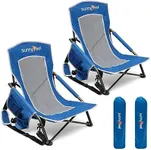 SUNNYFEEL Folding Low Camping Beach Chair 2 Pack, Lightweight Portable Lawn Chair with Mesh Back, Cup Holder for Outdoor/Travel/Picnic/Concert, Foldable Camp Backpack Chair with Carry Bag