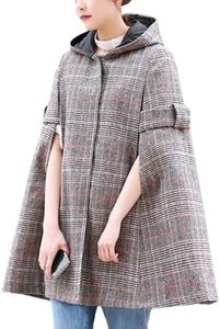 Flygo Women's Vintage Hooded Cape Casual Wool Plaid Cloak Coat Outwear (Small, Plaid)