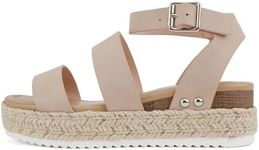 Soda BRYCE-2 Kids/Children/Girls Open Toe Two Bands Espadrille Jute Platform Wedge Casual Fashion Flatform Sandals with Buckle Ankle Strap, Blush Nubuck, 5 Big Kid