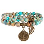 Natural Semi Precious Gemstone Beads Bracelet for Women - Tree of Life and Leaf Charm Chakra Energy Healing Anxiety Stretch Bracelets(Sea Sediment)