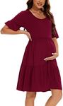 Smallshow Women's Maternity Dress Ruffle Short Sleeve Pregnancy Clothes Summer, Wine, Large