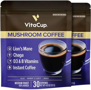 VitaCup Mushroom Instant Coffee | For Memory & Clarity Support | with Fiber, Chaga, Lion’s Mane | D3 & B Vitamins | Medium Roast 100% Arabica & Robusta Instant Coffee | 2 Bags, 60 Servings