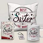 Jhingalala Gift for Sister | Best Sister in The World Printed Cushion Cover with Filler, Coffee Mug, Key Chain and Greeting Card | Combo Gifts for Sister on Birthday, Raksha Bandhan