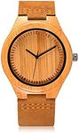 CUCOL Men's Bamboo Wooden Watch with Brown Cowhide Leather Strap Japanese Quartz Movement Casual Watches