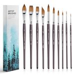 10Pcs Fuumuui Professional Sable Watercolour Brushes, Kolinsky Sable Brush Set Variety Shapes with Extended Needle Point, Flat, Round, Cat's Tongue Oval Wash for Watercolour Acrylic Gouache Inks
