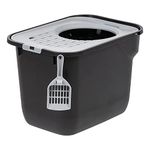 IRIS USA Square Top Entry Cat Litter Box with Scoop, Large Kitty Litter Tray with Litter Catching Lid Less Tracking Dog Proof and Privacy Walls, Black/Gray